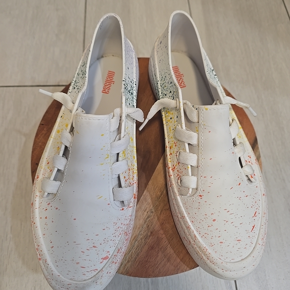 Melissa White Splatter Paint Lace-Up Sneakers Jelly Shoes  Size USA 8 EUR 39